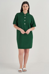 Profile view of model wearing the Oroton Mesh Polo Shift Dress in Treehouse and 83% Viscose, 17% Polyester for Women