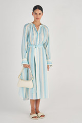 Profile view of model wearing the Oroton Stripe Shirt Dress in Sky and 100% Linen for Women