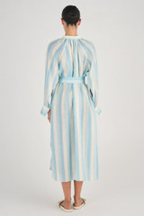 Profile view of model wearing the Oroton Stripe Shirt Dress in Sky and 100% Linen for Women