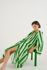 Profile view of model wearing the Oroton Multi Stripe Shirt Dress in Garden and 100% Cotton for Women