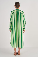 Profile view of model wearing the Oroton Multi Stripe Shirt Dress in Garden and 100% Cotton for Women