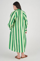 Profile view of model wearing the Oroton Multi Stripe Shirt Dress in Garden and 100% Cotton for Women