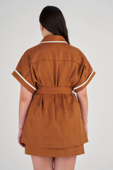 Profile view of model wearing the Oroton Contrast Bind Robe in Brandy and 100% Linen for Women