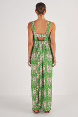Profile view of model wearing the Oroton Posie Print Sundress in Garden and 100% Linen for Women