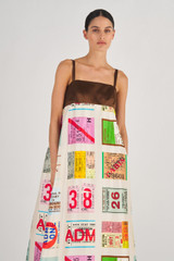 Profile view of model wearing the Oroton Ticket Print Gown in Fuchsia and 100% Silk for Women
