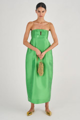 Profile view of model wearing the Oroton Bow Detail Gown in Garden and 86% Polyester, 14% Silk for Women