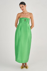 Profile view of model wearing the Oroton Bow Detail Gown in Garden and 86% Polyester, 14% Silk for Women
