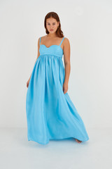 Profile view of model wearing the Oroton Bodice Detail Gown in Lake and 100% Silk for Women