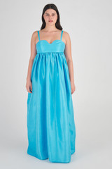 Profile view of model wearing the Oroton Bodice Detail Gown in Lake and 100% Silk for Women