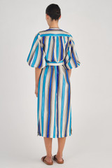 Profile view of model wearing the Oroton Lake Stripe Long Dress in Lake and 100% Silk for Women