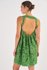 Profile view of model wearing the Oroton Lace Sun Dress in Garden and 100% Polyester for Women