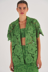 Profile view of model wearing the Oroton Lace Camp Shirt in Garden and 100% Polyester for Women