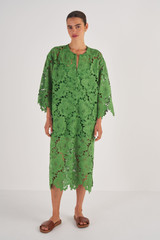 Profile view of model wearing the Oroton Lace Kaftan Dress in Garden and 100% Polyester for Women