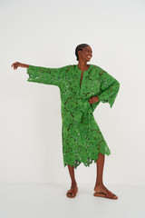 Profile view of model wearing the Oroton Lace Kaftan Dress in Garden and 100% Polyester for Women