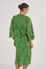 Profile view of model wearing the Oroton Lace Kaftan Dress in Garden and 100% Polyester for Women