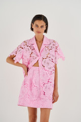 Profile view of model wearing the Oroton Lace Camp Shirt in Foxglove and Lace for Women