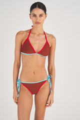 Profile view of model wearing the Oroton Contrast Bind Bikini Bottom in Iced Chocolate and 78% Recycled Nylon/ 22 % Lycra for Women