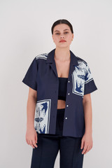 Profile view of model wearing the Oroton Scarf Print Camp Shirt in North Sea and 100% Silk for Women