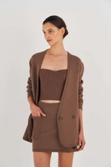Profile view of model wearing the Oroton Knit Bodice in Cocoa and 100% Cotton for Women