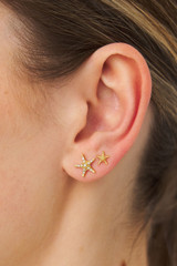 Profile view of model wearing the Oroton Starfish Stud Set in Worn Gold/Clear and Brass base metal with precious metal plating for Women