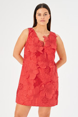 Profile view of model wearing the Oroton Lace Shift Dress in Poppy and 100% polyester for Women