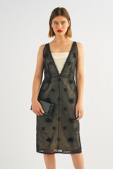 Profile view of model wearing the Oroton Mini 3D Flower Overlay Shift Dress in Black/Cream and Underlay: 80% acetate, 20% polyester/overlay:100% cotton for Women