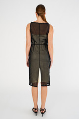 Profile view of model wearing the Oroton Mini 3D Flower Overlay Shift Dress in Black/Cream and Underlay: 80% acetate, 20% polyester/overlay:100% cotton for Women