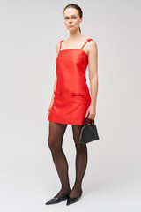 Profile view of model wearing the Oroton Satin Mini Dress in Poppy and 85% polyester, 15% silk for Women . IP:2