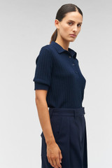 Profile view of model wearing the Oroton Stitch Rib Polo in North Sea and 100% wool for Women