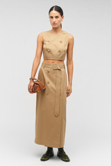 Profile view of model wearing the Oroton Sleeveless Utility Top in Dark Camel and 65% polyester, 35% cotton for Women
