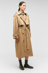 Profile view of model wearing the Oroton Trench in Dark Camel and 65% polyester, 35% cotton for Women . IP:3