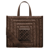 Front product shot of the Oroton Lane Straw Medium Tote in Mahogany and Woven straw with leather trims for Women .