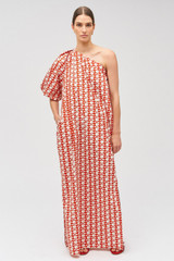 Profile view of model wearing the Oroton Apple Stamp One Shoulder Dress in Poppy and 100% cotton for Women . IP:3