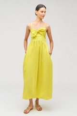 Profile view of model wearing the Oroton Lace Trim Sundress in Vibrant Yellow and 100% cotton for Women . IP:3