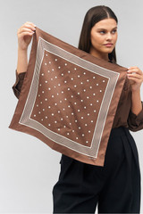 Profile view of model wearing the Oroton Bandana Silk Scarf in Chocolate and 100% silk for Women . IP:3
