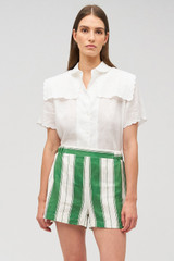 Profile view of model wearing the Oroton Deckchair Stripe Short in Clover and 100% linen for Women . IP:3