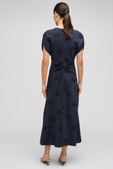 Profile view of model wearing the Oroton Embroidered Starburst Dress in North Sea and 48% VISCOSE 26% TENCEL 26% LINEN for Women . IP:5