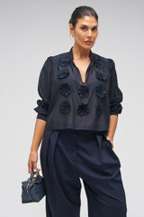 Profile view of model wearing the Oroton 3D Starburst Flower Top in North Sea and 68% COTTON 32% SILK for Women . IP:8
