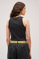 Profile view of model wearing the Oroton Lottie Rib Tank in Black and 92% Cotton / 8% Spandex for Women . IP:5