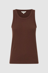 Front product shot of the Oroton Lottie Rib Tank in Chocolate and 92% Cotton / 8% Spandex for Women .
