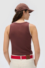 Profile view of model wearing the Oroton Lottie Rib Tank in Chocolate and 92% Cotton / 8% Spandex for Women . IP:4
