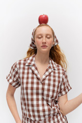 Profile view of model wearing the Oroton Gingham Camp Shirt in Chocolate and 100% Cotton for Women . IP:7