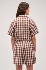 Profile view of model wearing the Oroton Gingham Camp Shirt in Chocolate and 100% Cotton for Women . IP:5