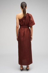 Profile view of model wearing the Oroton One Shoulder Dress in Barn Red and 100% Silk for Women . IP:5