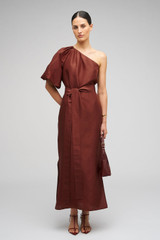 Profile view of model wearing the Oroton One Shoulder Dress in Barn Red and 100% Silk for Women . IP:2