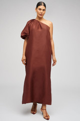 Profile view of model wearing the Oroton One Shoulder Dress in Barn Red and 100% Silk for Women . IP:9