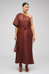 Profile view of model wearing the Oroton One Shoulder Dress in Barn Red and 100% Silk for Women . IP:8
