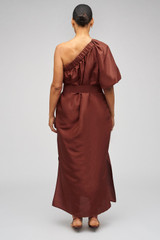 Profile view of model wearing the Oroton One Shoulder Dress in Barn Red and 100% Silk for Women . IP:12