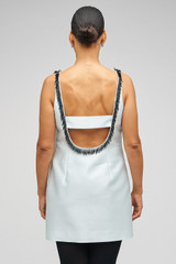 Profile view of model wearing the Oroton Embellished Mini Dress in Pale Blue and 85% Polyester 15% Silk for Women . IP:11