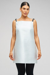 Profile view of model wearing the Oroton Embellished Mini Dress in Pale Blue and 85% Polyester 15% Silk for Women . IP:9